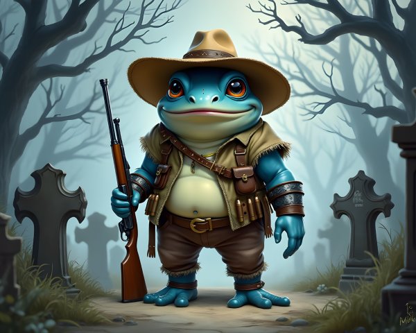 Cartoon Frog in Cowboy Outfit in Foggy Graveyard | Deep Dream Generator