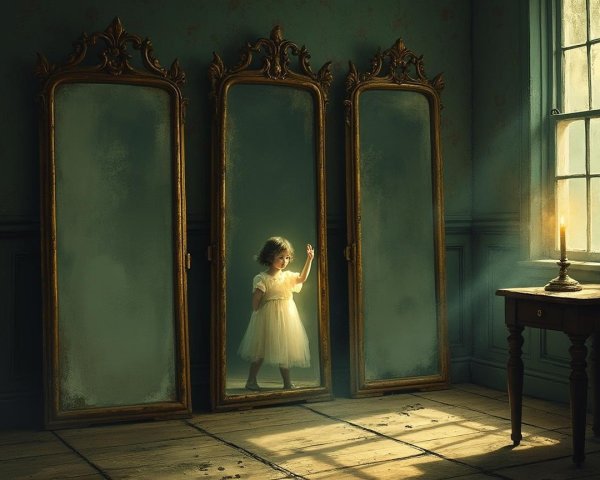 Little girl in white dress among tall mirrors in dim room