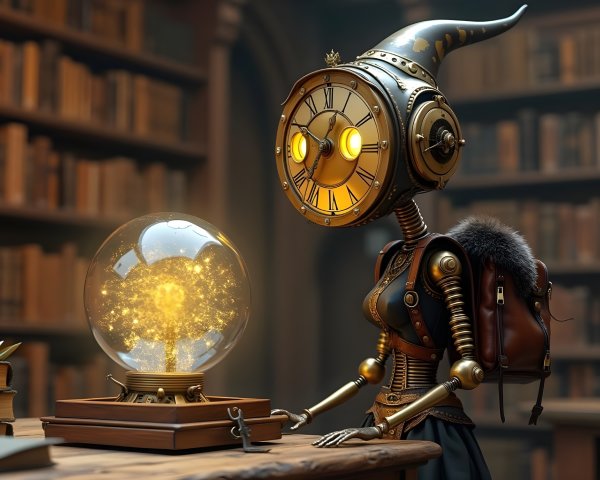 Whimsical Steampunk Robot in Cozy Library Setting