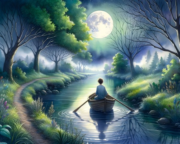 Serene Nighttime River Scene with Moonlit Reflection