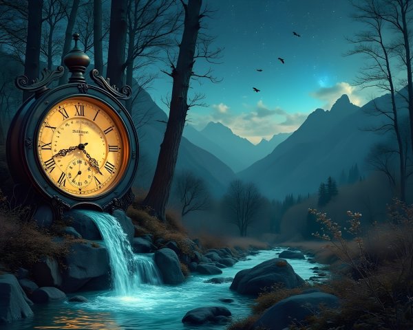 Twilight Landscape with Ornate Clock and Waterfall