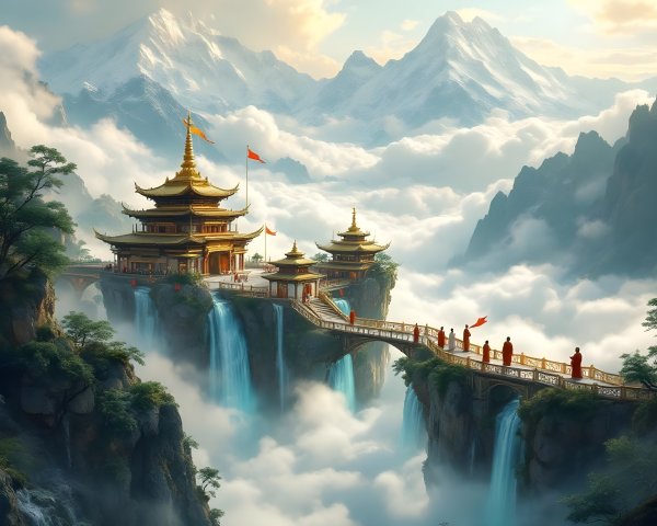 Golden Temple on Cliff Surrounded by Waterfalls and Mountains