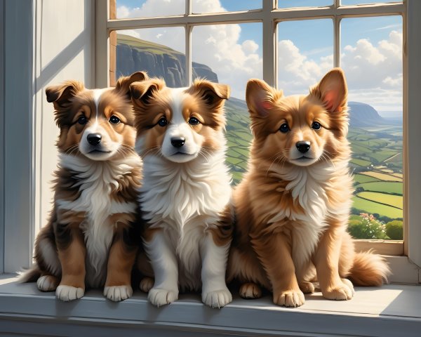 Fluffy Puppies on Windowsill with Scenic Landscape