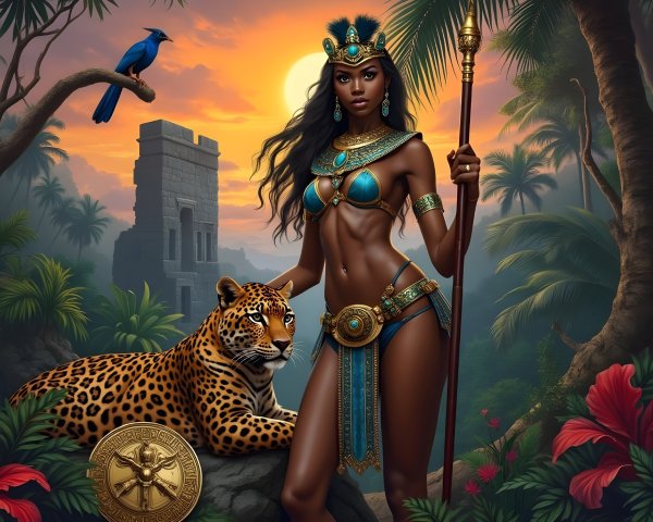 Warrior Woman in Jungle with Leopard and Ruins