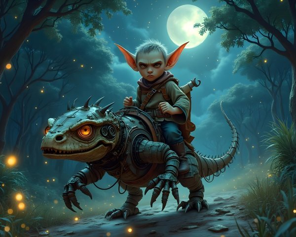 Goblin Riding Mechanical Lizard in Enchanted Forest