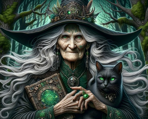 Ancient witch in mystical forest with glowing book