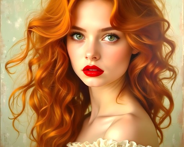 Portrait of a Young Woman with Red Curls and Green Eyes