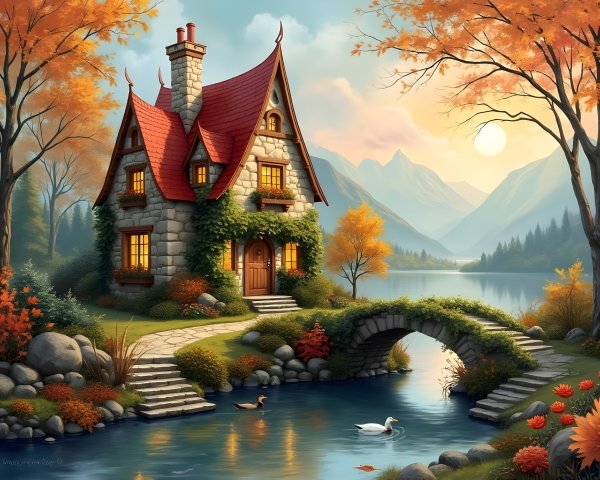 Stone Cottage by Serene Lake with Autumn Foliage