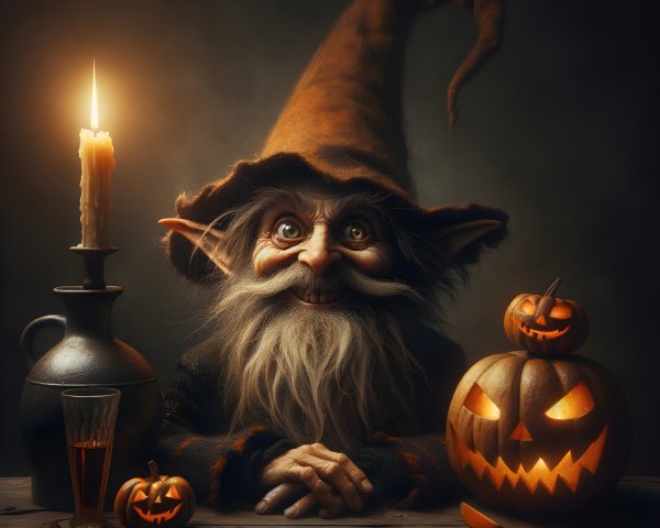 Whimsical Goblin at Rustic Table with Pumpkins and Candle