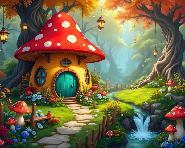 Whimsical Mushroom House in a Vibrant Forest Setting