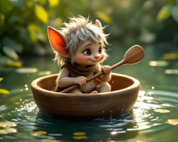 Whimsical Creature Paddling in a Serene Pond