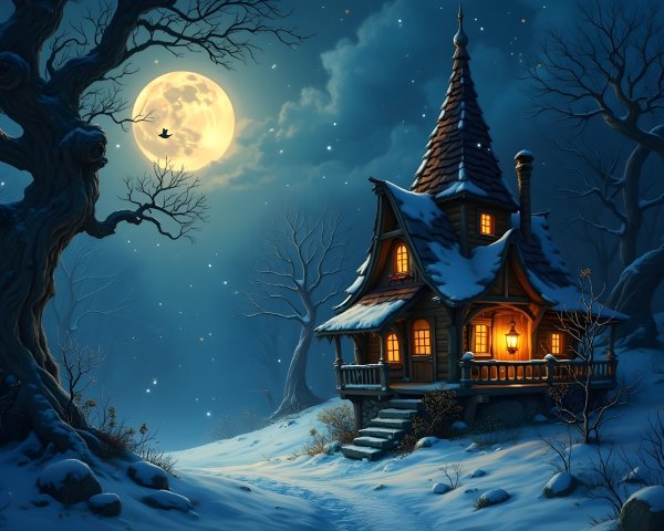 Fairy-Tale Cottage in a Snowy Moonlit Landscape