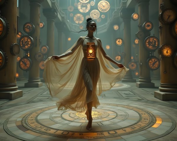 Dancer in Ethereal Garment Among Intricate Clocks