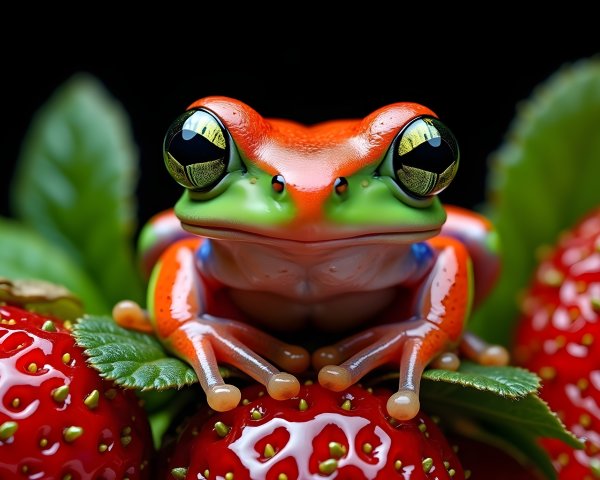 Red and green tree frog on glossy red strawberries