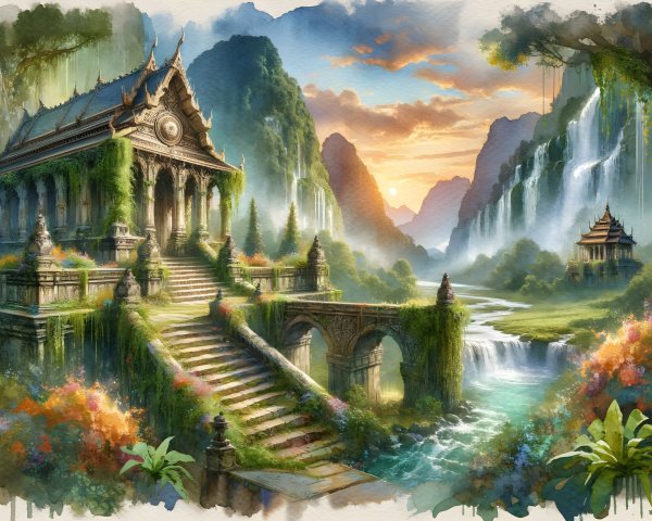 Ancient Temple Surrounded by Lush Landscape and Waterfalls