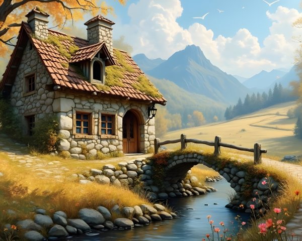 Stone Cottage Surrounded by Autumn Trees and Mountains