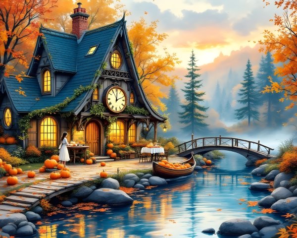 Whimsical Cottage by Serene River in Autumn Foliage