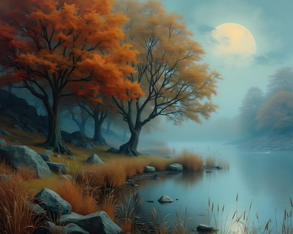 Serene Autumn Landscape with River and Misty Trees