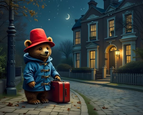 Bear in Duffle Coat on Cobblestone Street at Night