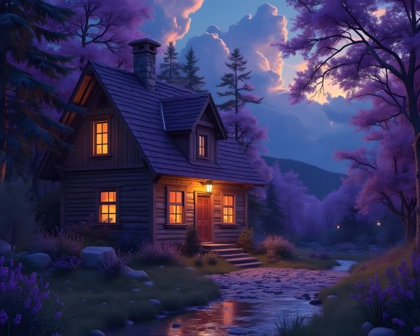 Wooden cabin in twilight with glowing windows and stream