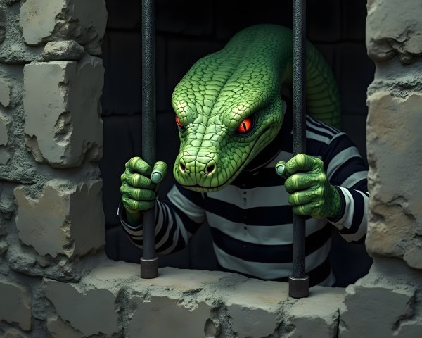 Humanoid Lizard Figure in Prison Cell Setting