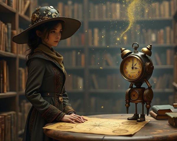 Whimsical Library Scene with Map and Clockwork Robot
