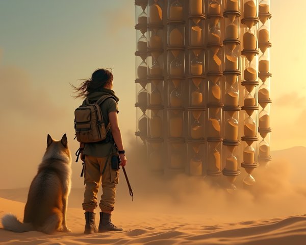 Desert Sunset with Traveler and Hourglass Structure