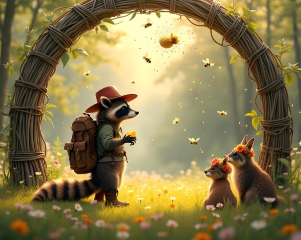 Raccoons in a sunlit forest with whimsical elements