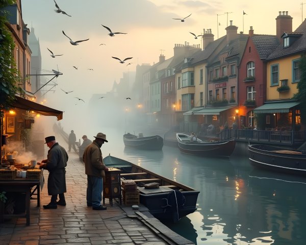 Tranquil Canal Scene with Figures and Charming Buildings