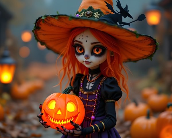 Whimsical Figure in Misty Pumpkin-Filled Setting