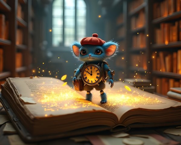 Whimsical Creature in Dimly Lit Library Setting