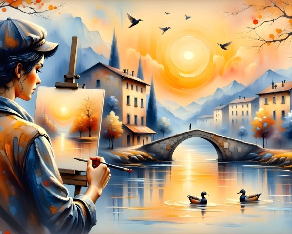Serene Landscape with Artist by a Tranquil River