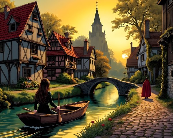 Tranquil Village Scene with Canal and Sunset Glow