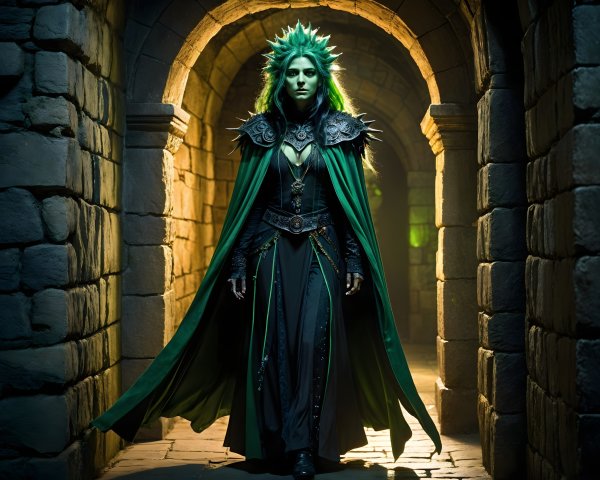 Sorceress in Dark Gown with Eerie Crown in Corridor