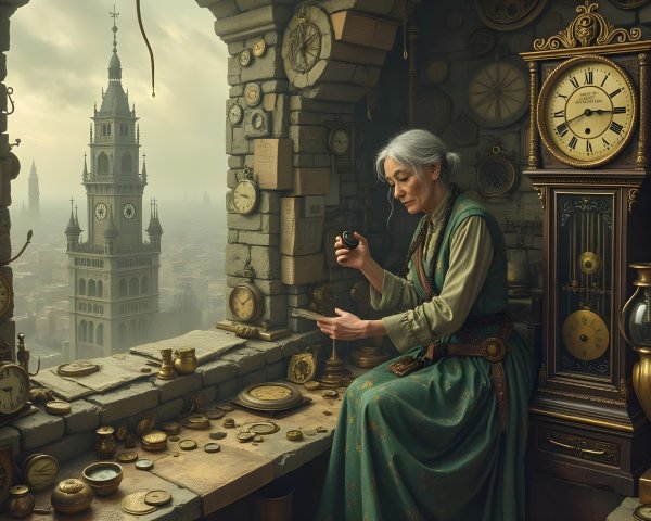 Elderly Woman Examines Watch in Clock-Filled Room