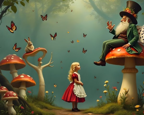 Whimsical Forest Scene with Girl and Enchanted Characters