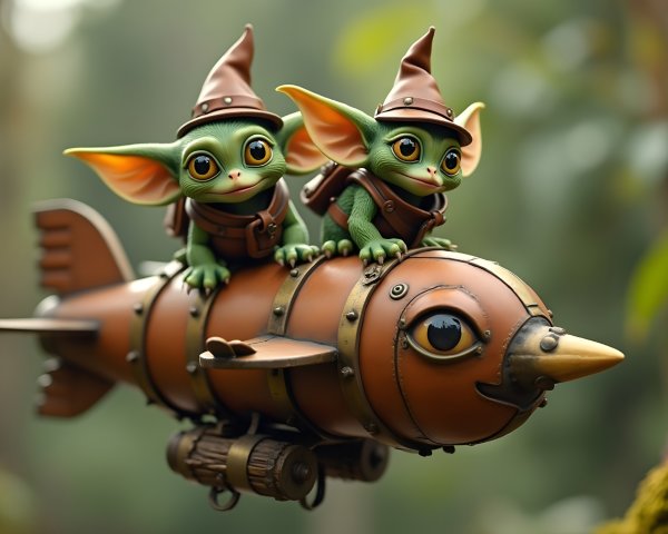 Playful Green Creatures on Vintage Rocket in Nature