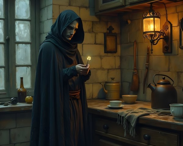 Cloaked Figure in Rustic Kitchen with Vintage Decor