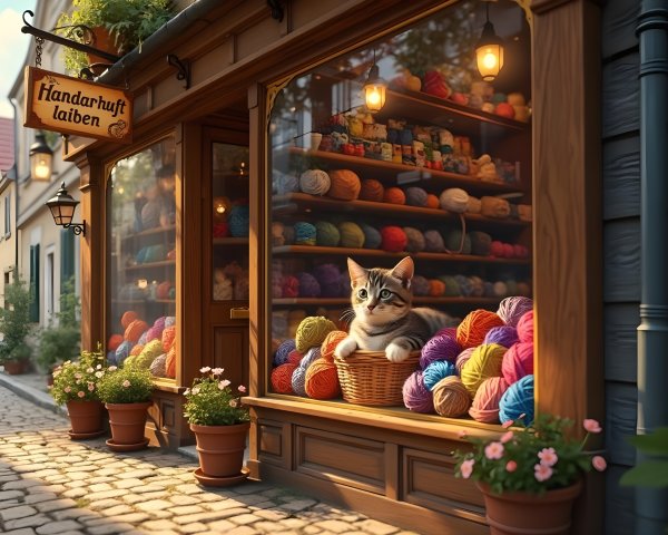 Charming Yarn Shop with Colorful Display and Cat