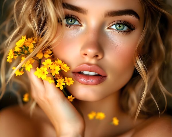 Portrait of a Young Woman with Green Eyes and Flowers