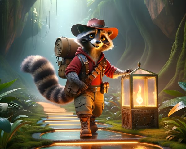 Charming Raccoon in Jungle with Lantern and Gear
