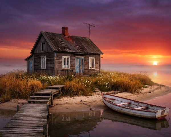 Cinematic Landscape of Rustic House by Calm Lake