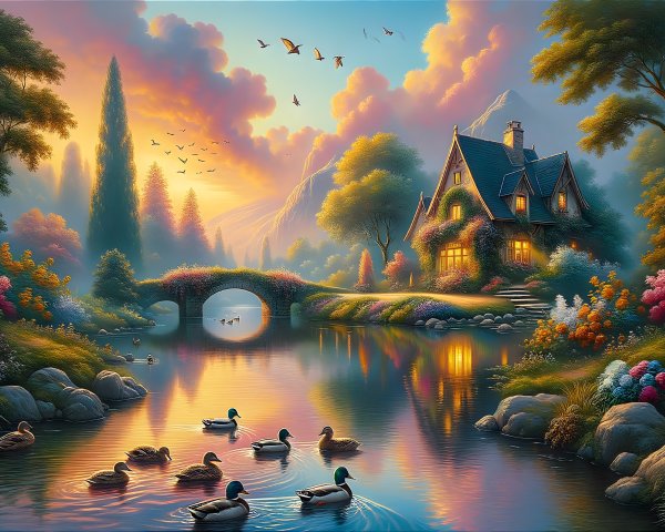 Charming Cottage in Serene Sunset Landscape