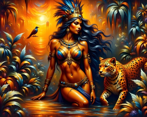 Regal Woman and Leopard in Mystical Jungle at Sunset