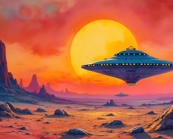Futuristic UFO Over Vibrant Otherworldly Landscape