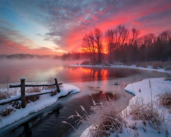 Winter Sunrise Over a Misty Frozen River Landscape