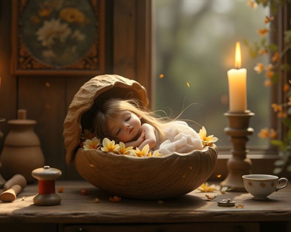Doll-like girl sleeping in a shell surrounded by flowers