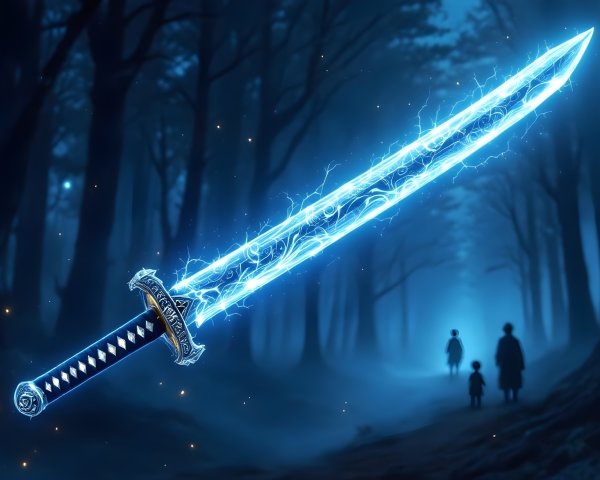 Glowing Sword in a Mystical Dimly Lit Forest