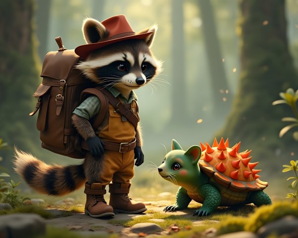 Raccoon in Hiker Outfit with Whimsical Turtle in Forest