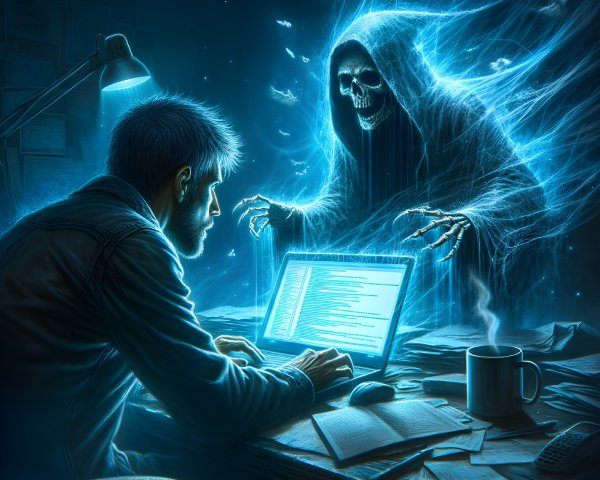 Dimly Lit Room with Focused Individual and Cloaked Figure